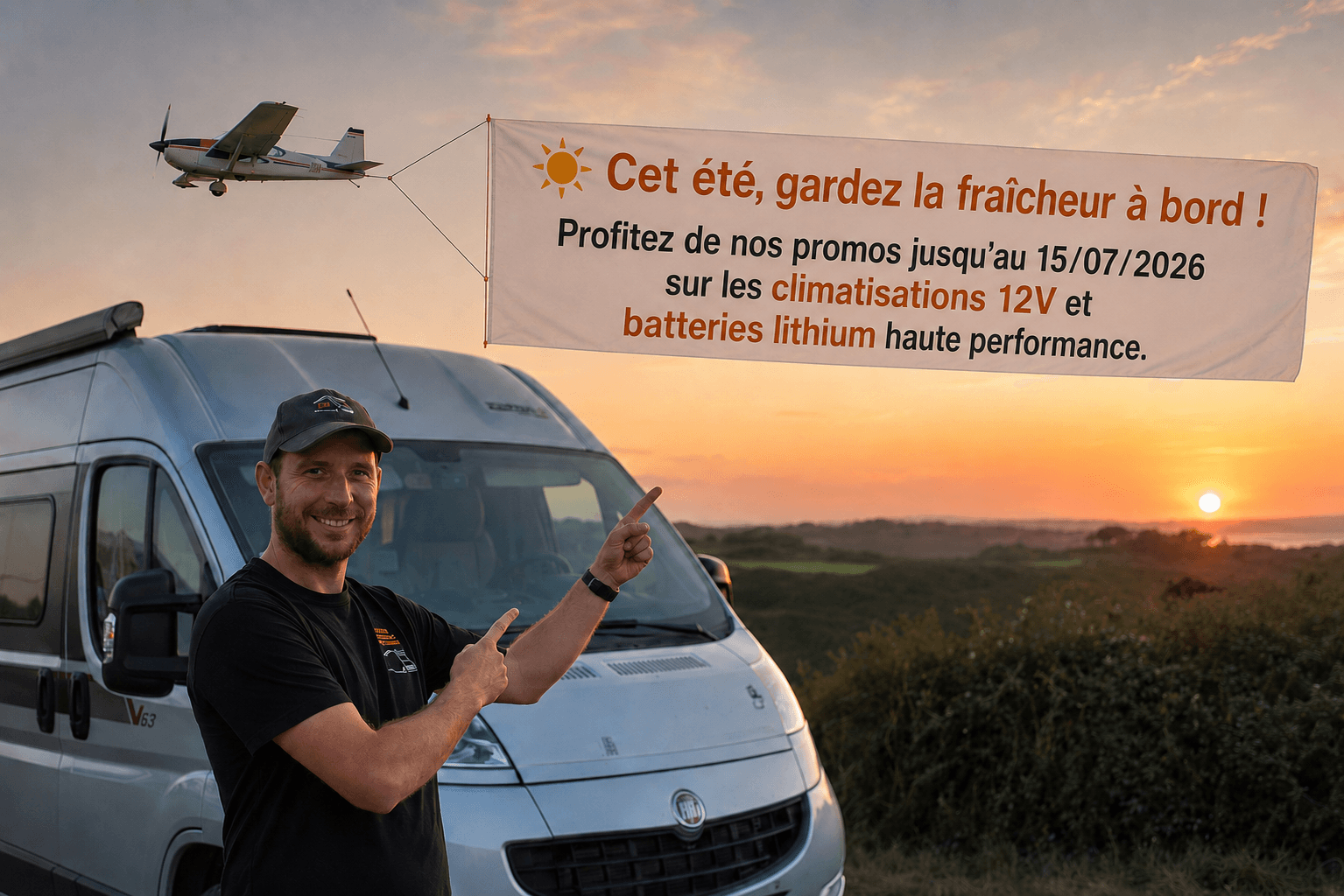 Romuald devant son fourgon au coucher de soleil, banderole publicitaire 'Cet été gardez la fraîcheur à bord'